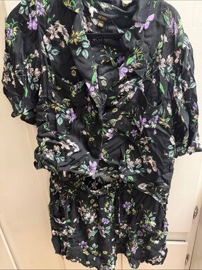AFRM Black Floral Button-Up Short Set with Purple and Green Accents